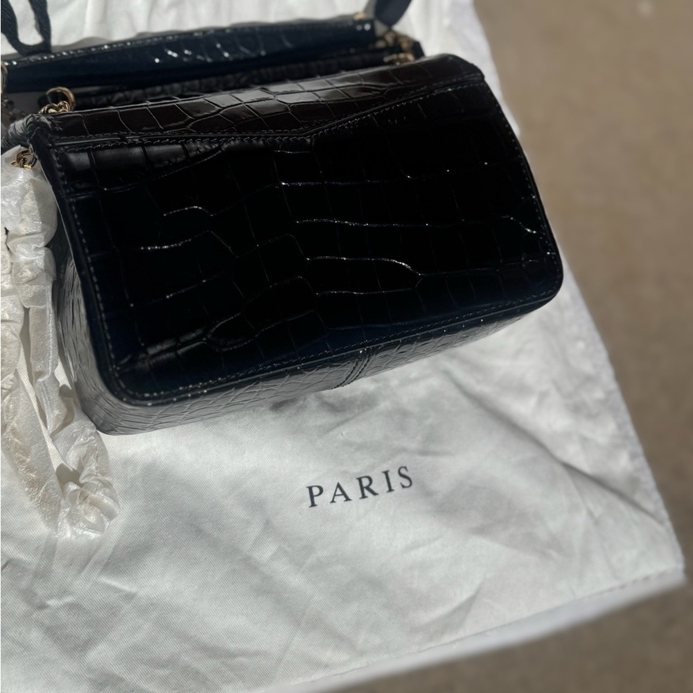 Sandro Black Croc-Embossed Patent Leather Crossbody Bag with Gold Ring Clasp - Picture 11 of 16